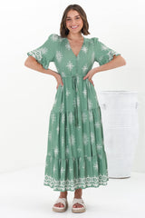 Kama Maxi Dress - Buttoned Bodice Pull Waist A Line Dress in Feba Print Green