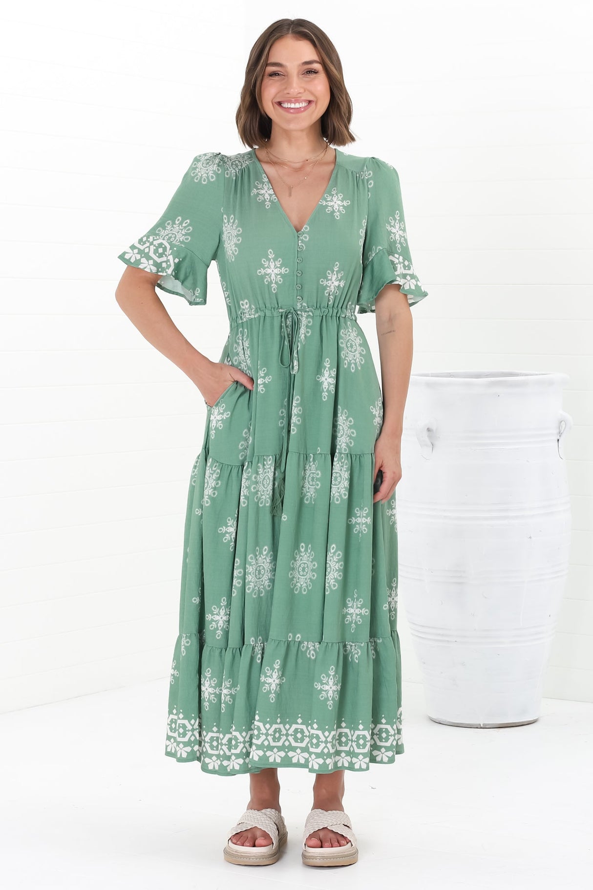 Kama Maxi Dress - Buttoned Bodice Pull Waist A Line Dress in Feba Print Green