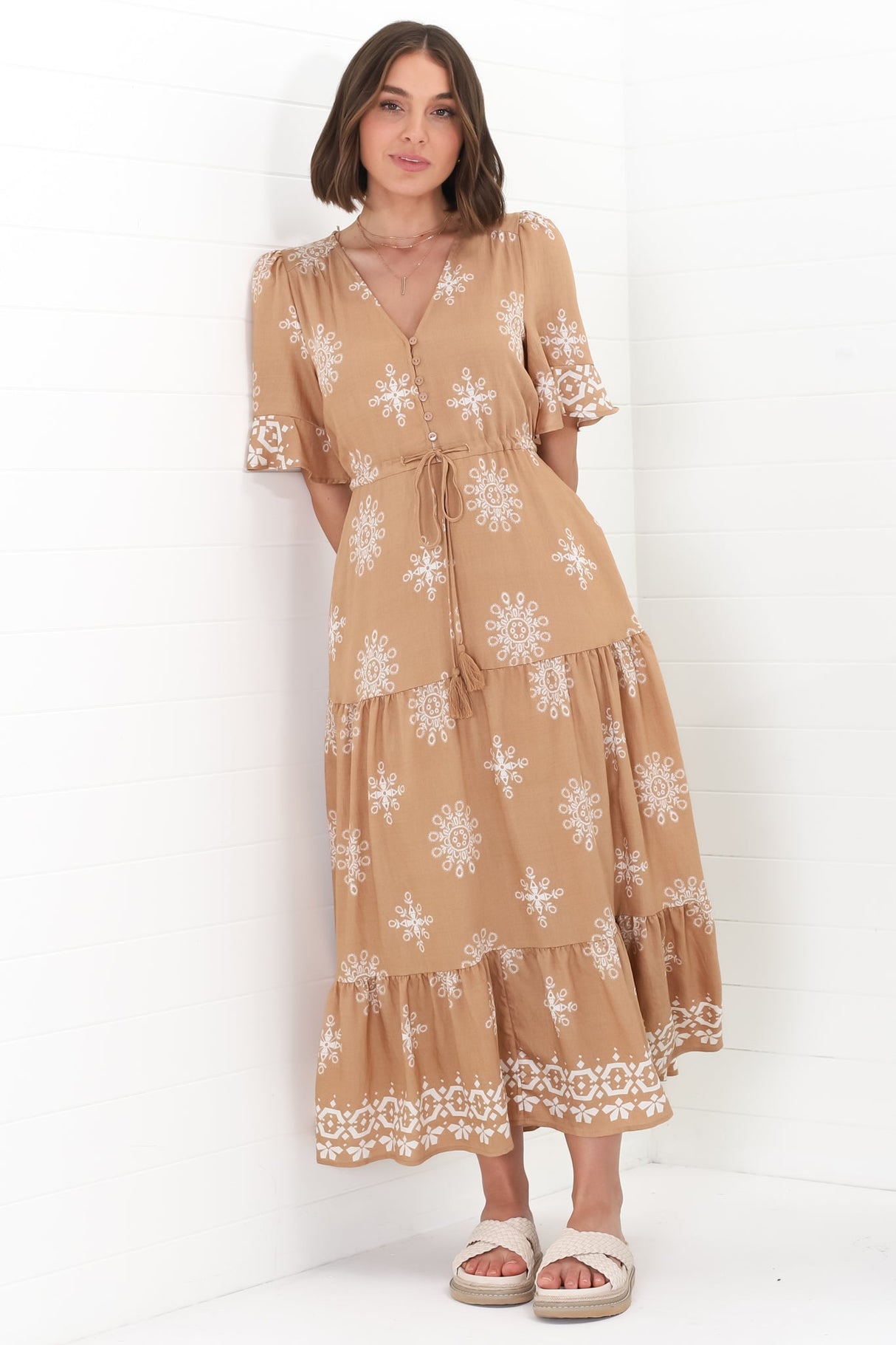 Kama Maxi Dress - Buttoned Bodice Pull Waist A Line Dress in Feba Print Latte