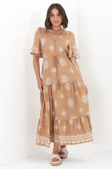 Kama Maxi Dress - Buttoned Bodice Pull Waist A Line Dress in Feba Print Latte