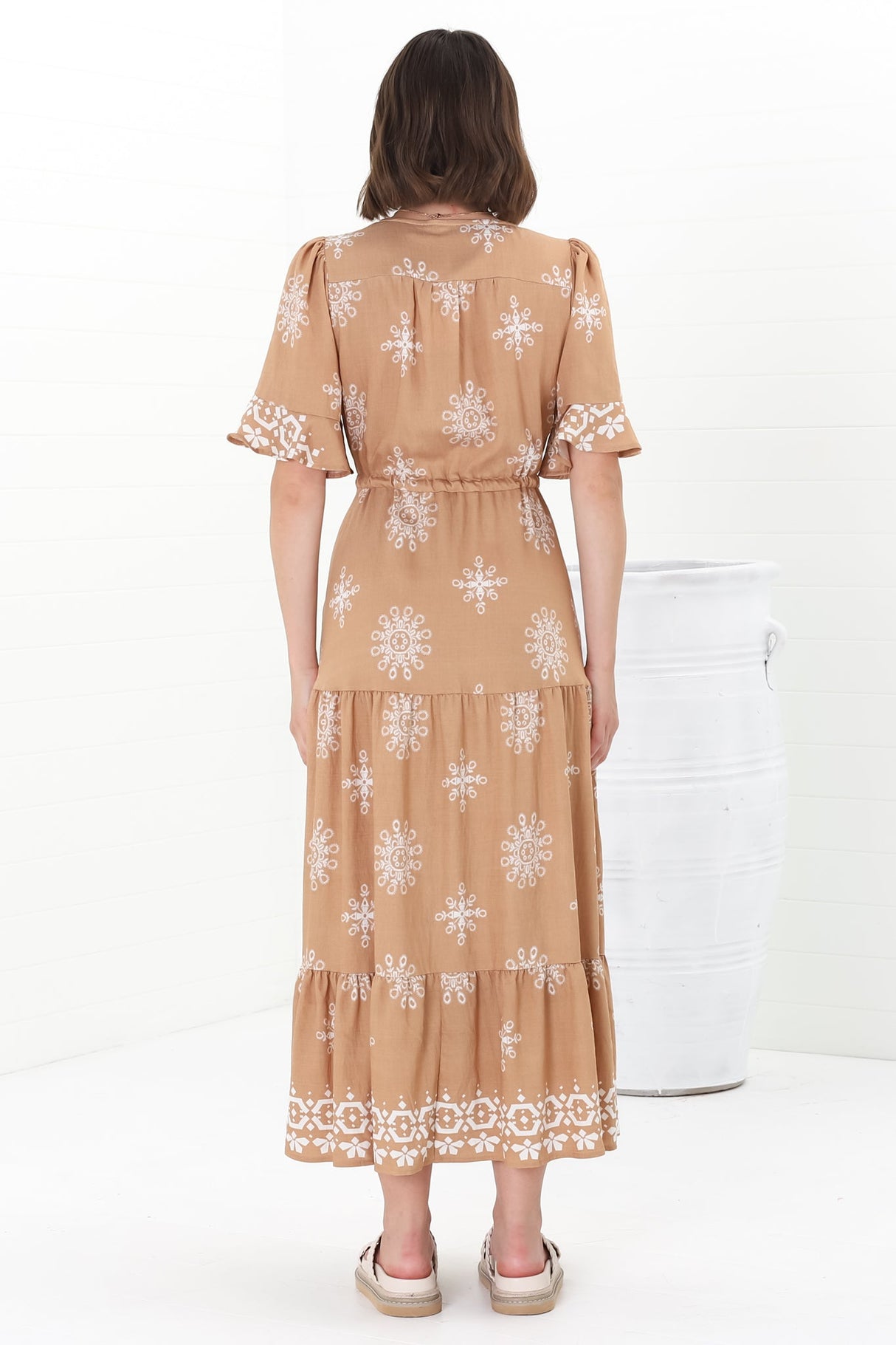 Kama Maxi Dress - Buttoned Bodice Pull Waist A Line Dress in Feba Print Latte