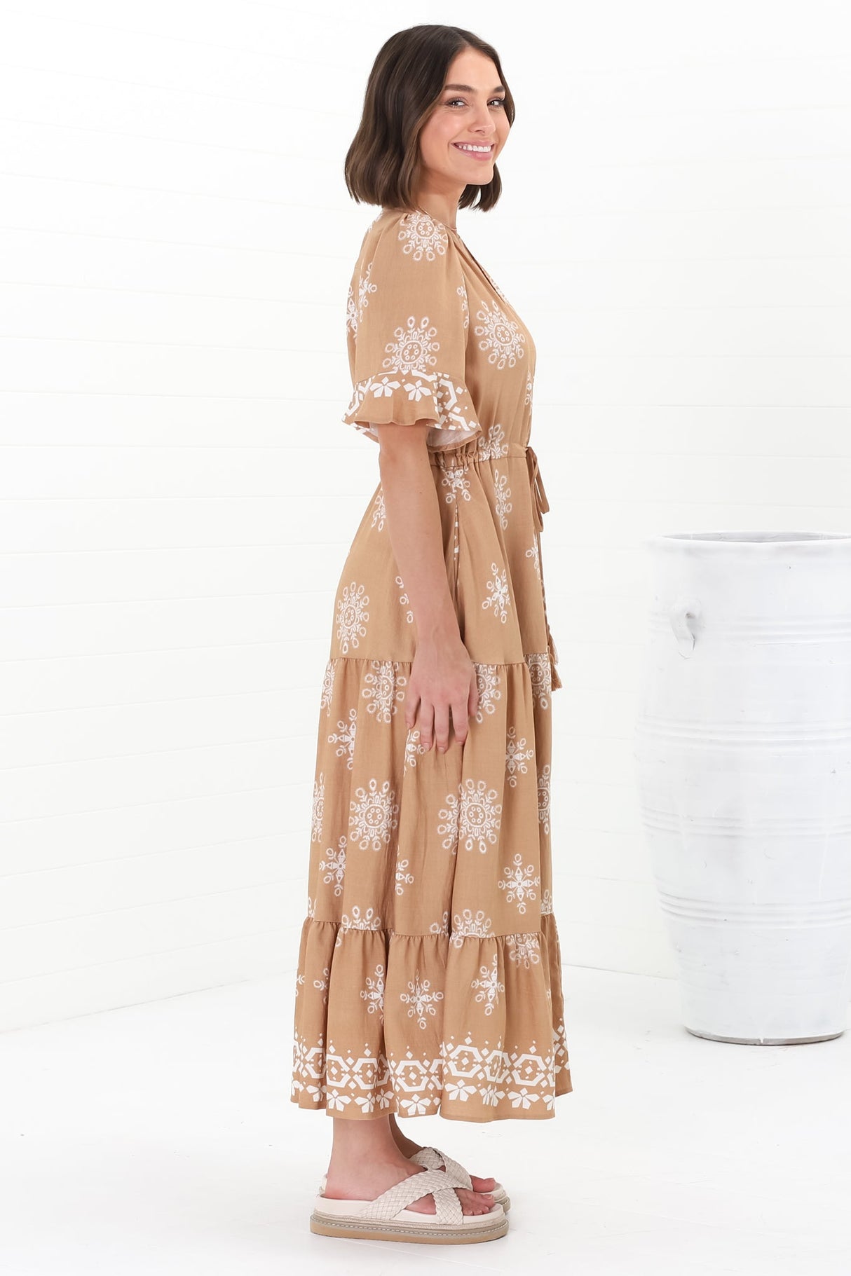 Kama Maxi Dress - Buttoned Bodice Pull Waist A Line Dress in Feba Print Latte