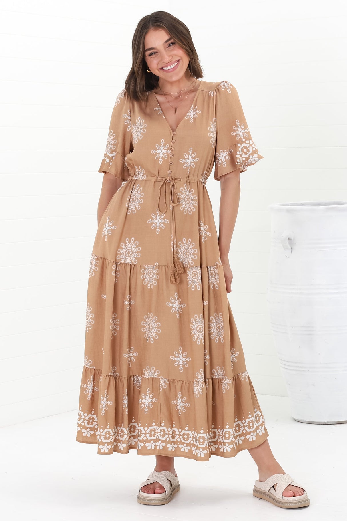 Kama Maxi Dress - Buttoned Bodice Pull Waist A Line Dress in Feba Print Latte