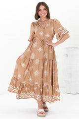 Kama Maxi Dress - Buttoned Bodice Pull Waist A Line Dress in Feba Print Latte