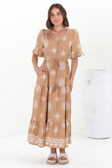 Kama Maxi Dress - Buttoned Bodice Pull Waist A Line Dress in Feba Print Latte