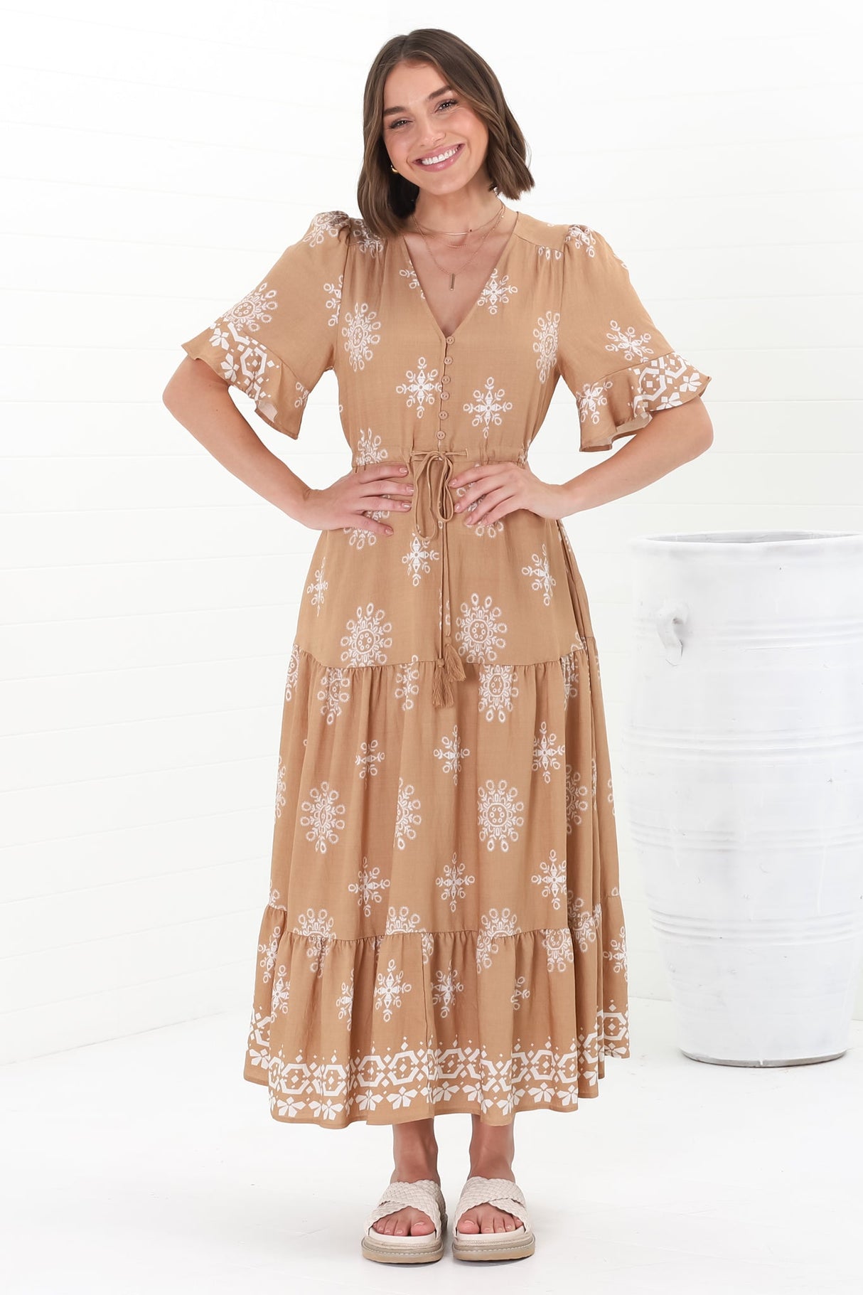 Kama Maxi Dress - Buttoned Bodice Pull Waist A Line Dress in Feba Print Latte