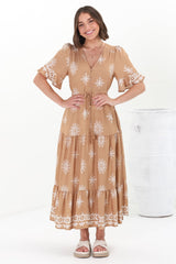 Kama Maxi Dress - Buttoned Bodice Pull Waist A Line Dress in Feba Print Latte