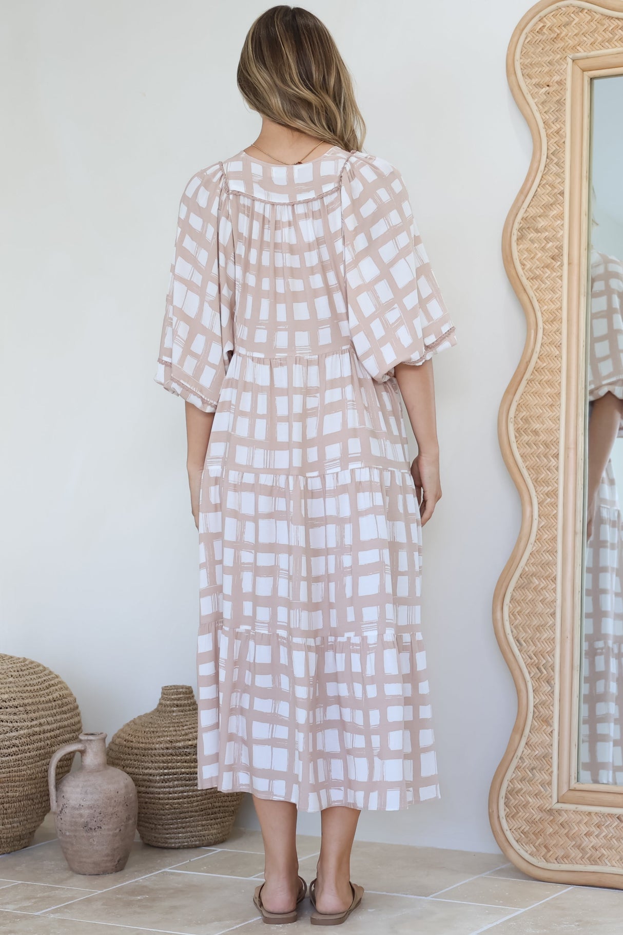 Kamali Midi Dress - Batwing Sleeve Smock Dress with Lace Detailing in Beth Print Beige