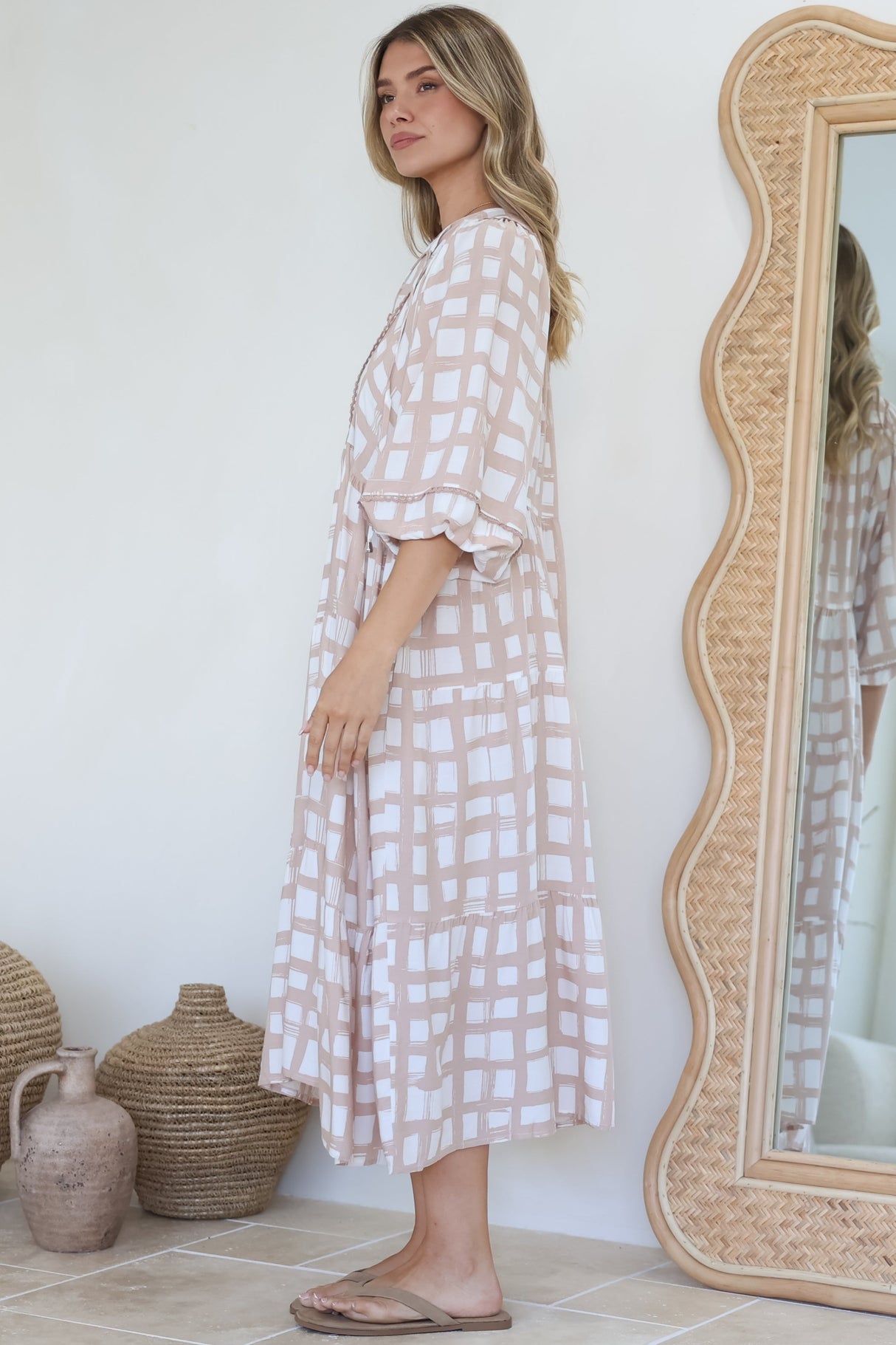 Kamali Midi Dress - Batwing Sleeve Smock Dress with Lace Detailing in Beth Print Beige