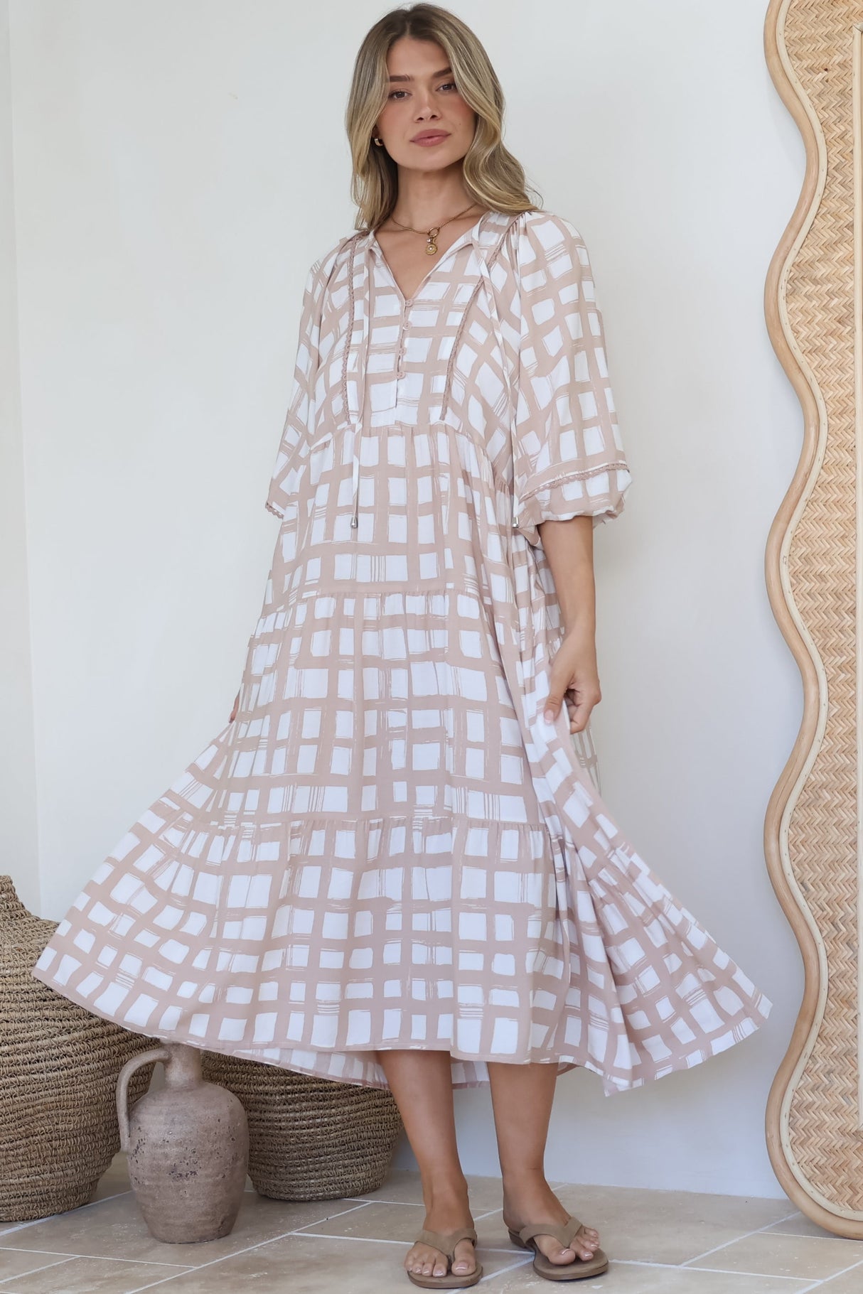 Kamali Midi Dress - Batwing Sleeve Smock Dress with Lace Detailing in Beth Print Beige