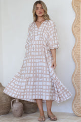 Kamali Midi Dress - Batwing Sleeve Smock Dress with Lace Detailing in Beth Print Beige