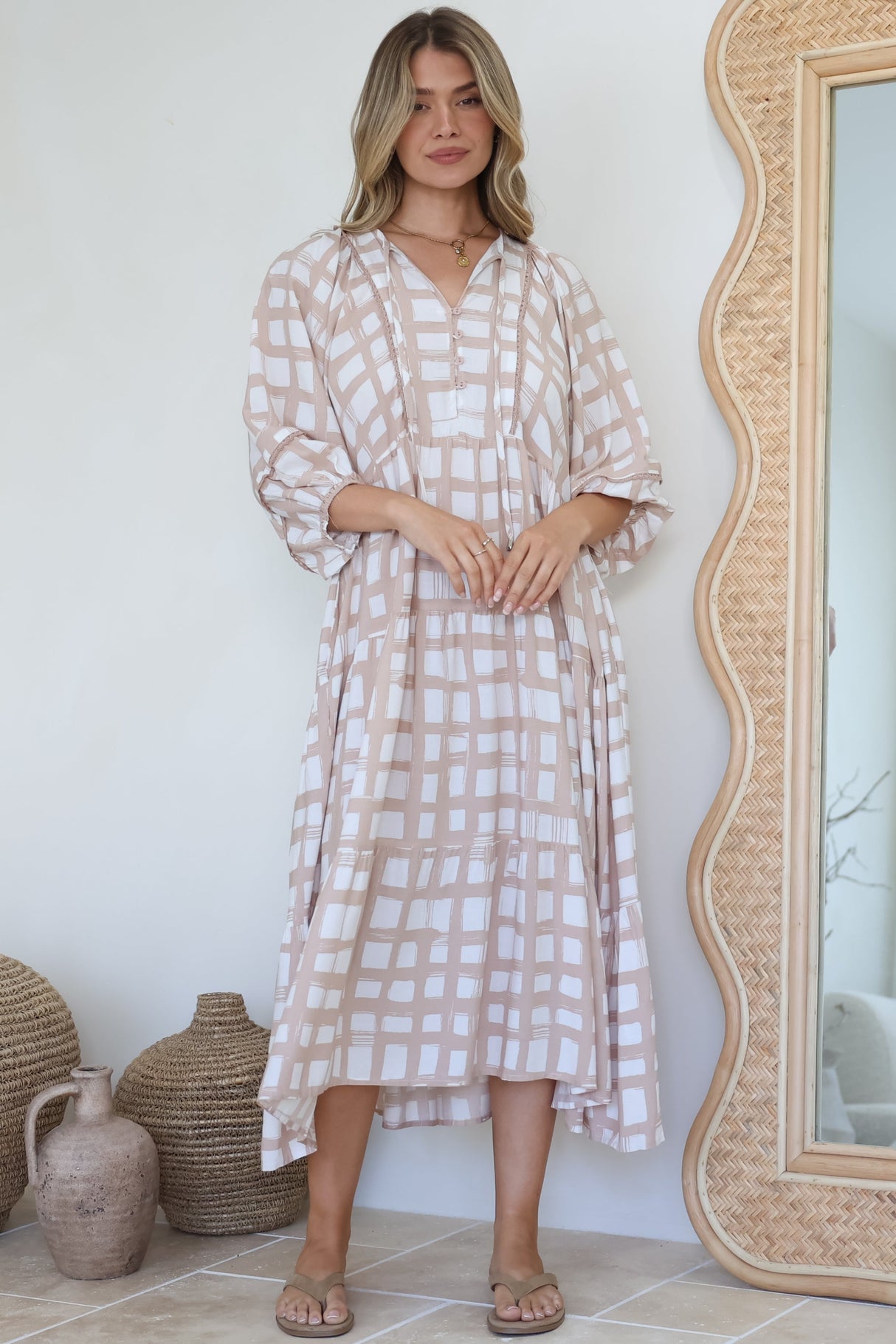Kamali Midi Dress - Batwing Sleeve Smock Dress with Lace Detailing in Beth Print Beige