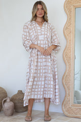 Kamali Midi Dress - Batwing Sleeve Smock Dress with Lace Detailing in Beth Print Beige