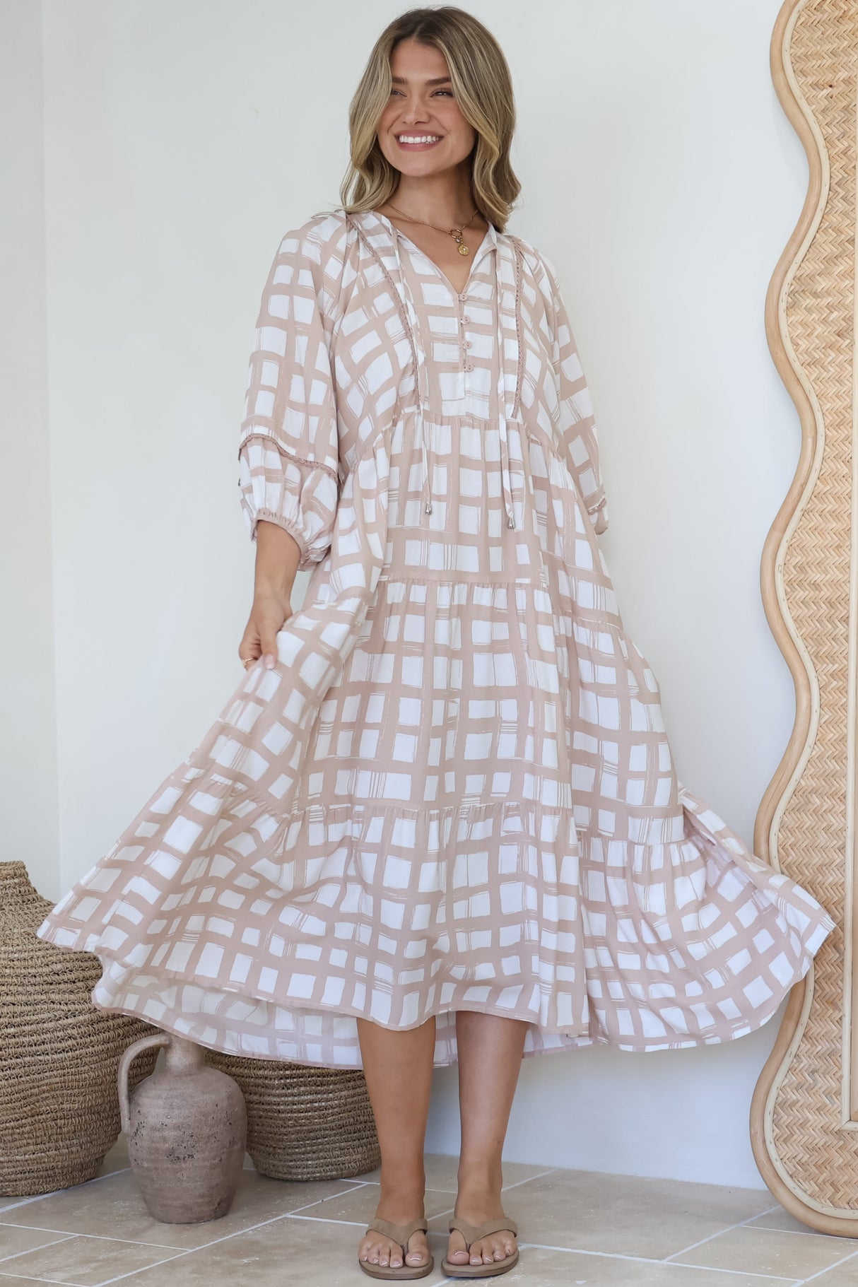 Kamali Midi Dress - Batwing Sleeve Smock Dress with Lace Detailing in Beth Print Beige