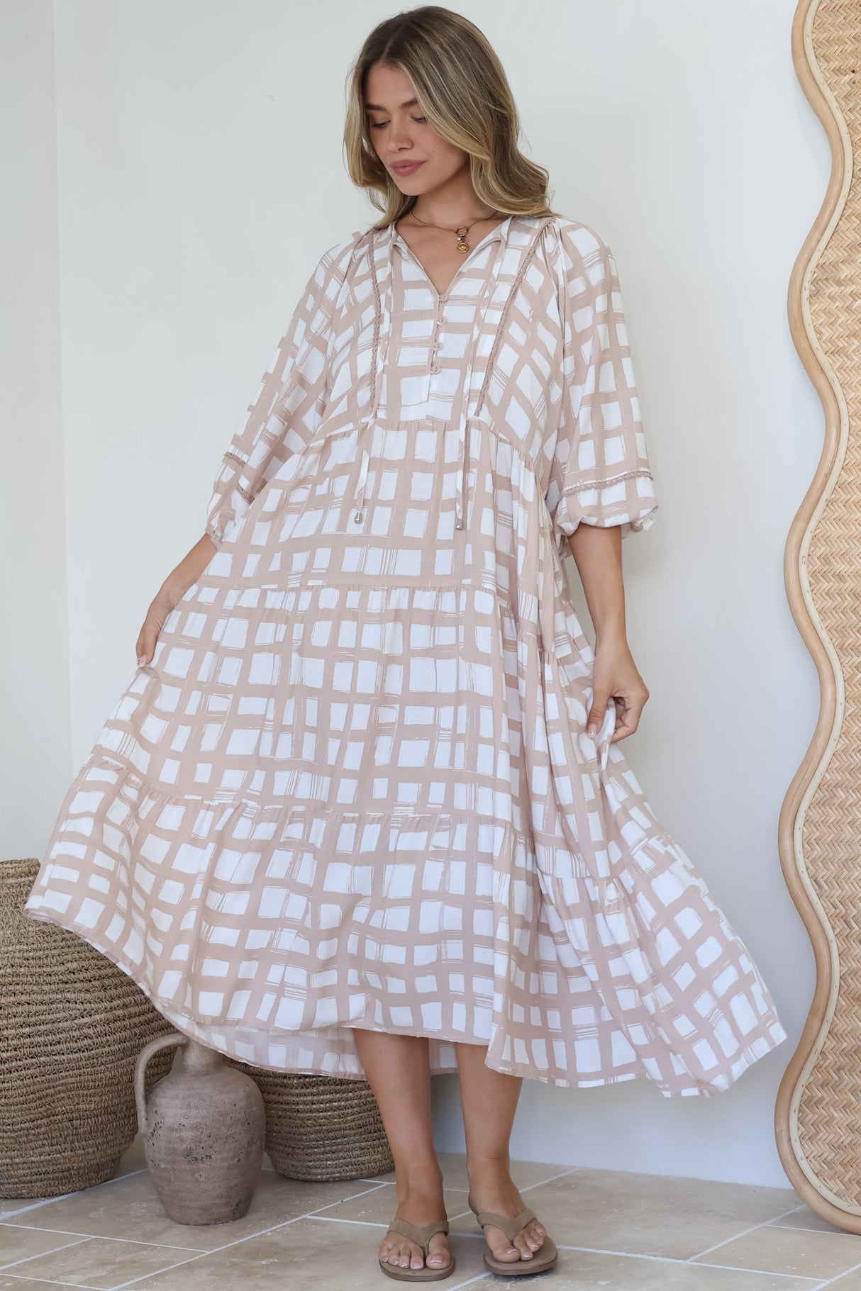 Kamali Midi Dress - Batwing Sleeve Smock Dress with Lace Detailing in Beth Print Beige
