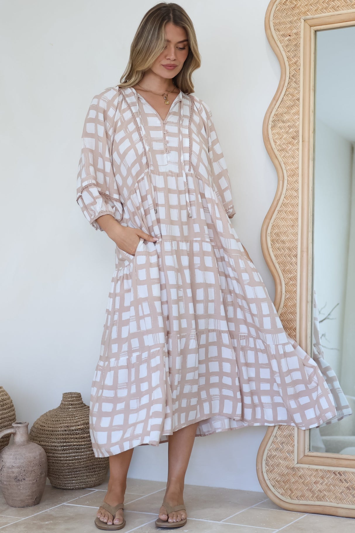 Kamali Midi Dress - Batwing Sleeve Smock Dress with Lace Detailing in Beth Print Beige