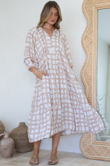 Kamali Midi Dress - Batwing Sleeve Smock Dress with Lace Detailing in Beth Print Beige