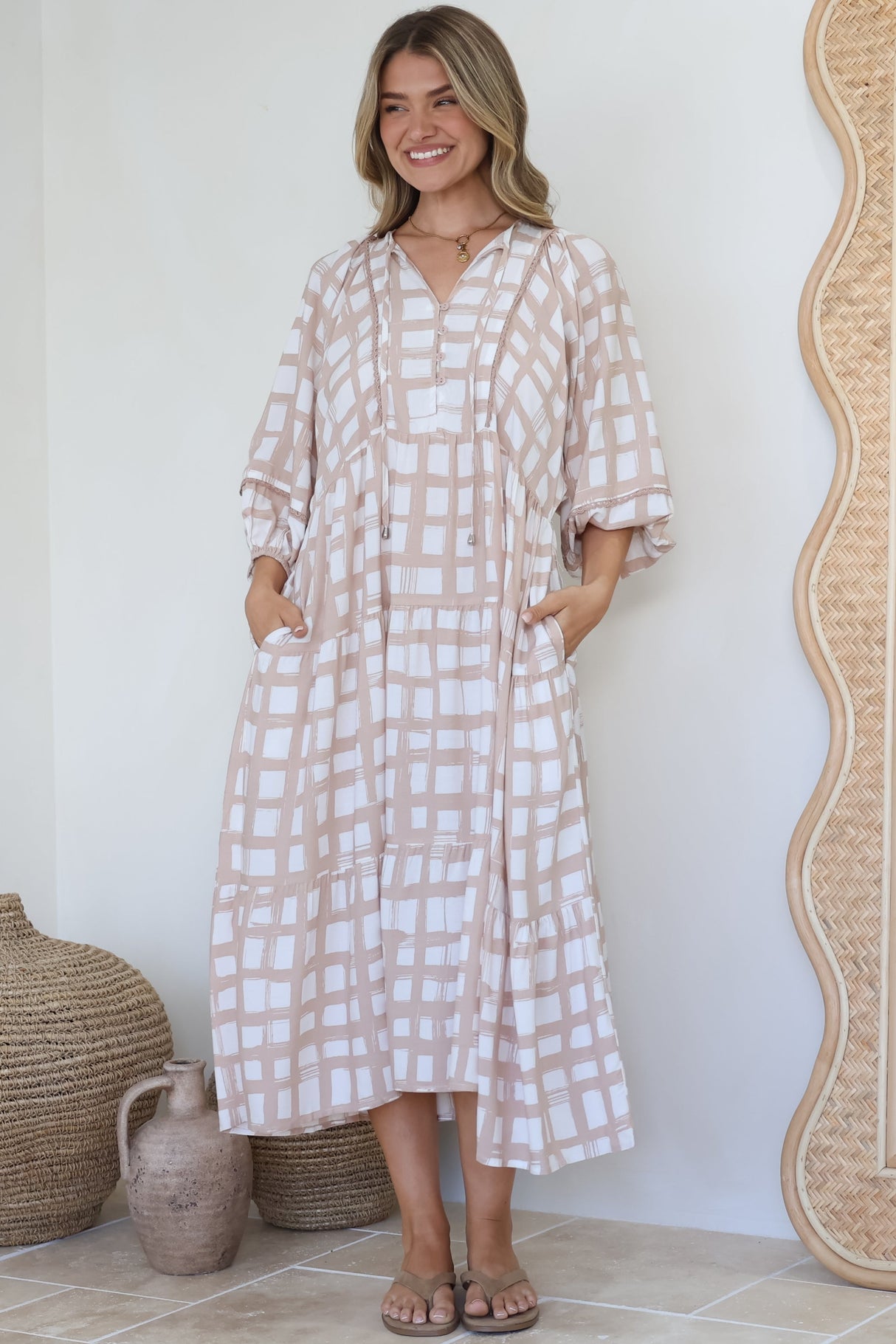 Kamali Midi Dress - Batwing Sleeve Smock Dress with Lace Detailing in Beth Print Beige