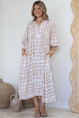 Kamali Midi Dress - Batwing Sleeve Smock Dress with Lace Detailing in Beth Print Beige