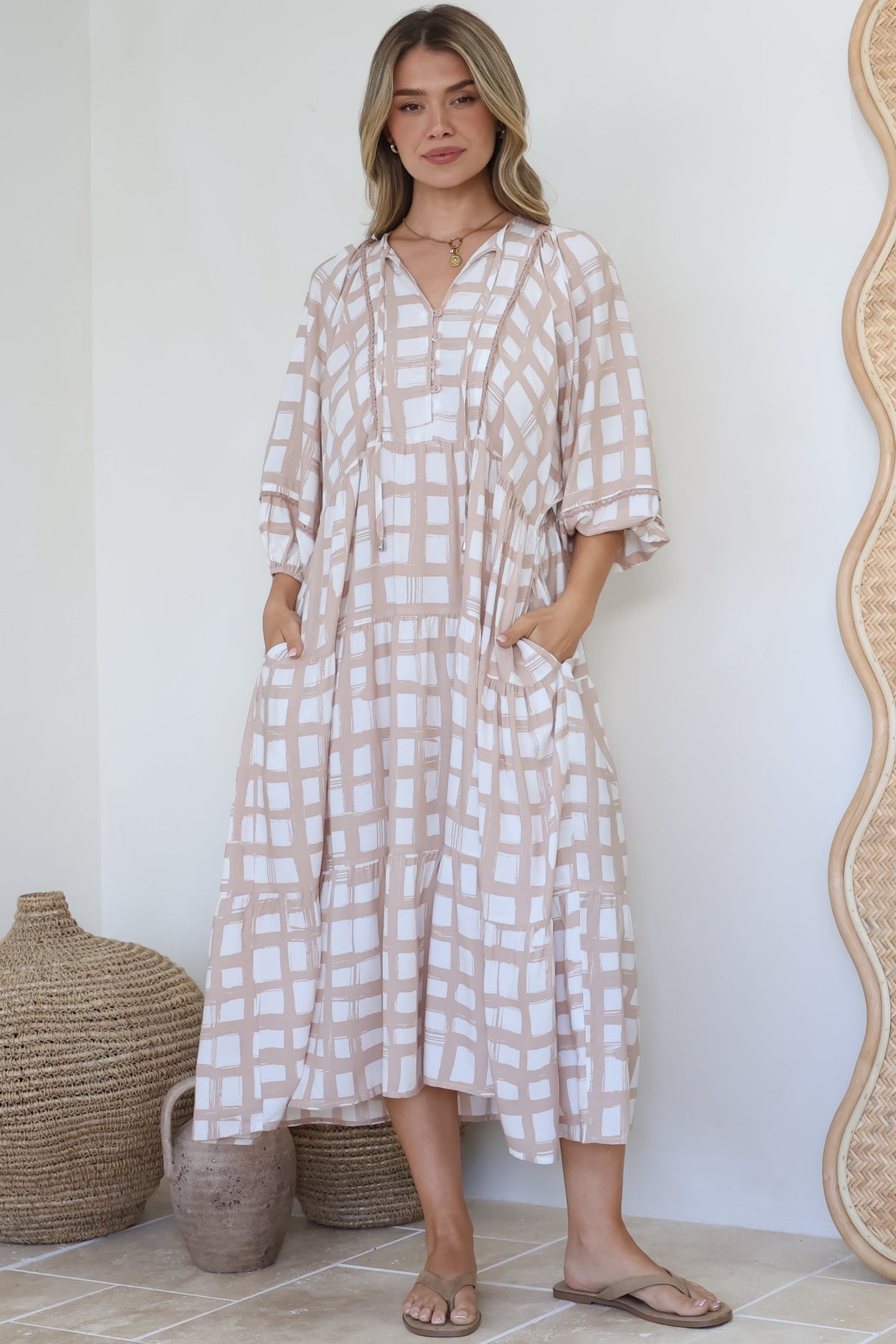 Kamali Midi Dress - Batwing Sleeve Smock Dress with Lace Detailing in Beth Print Beige