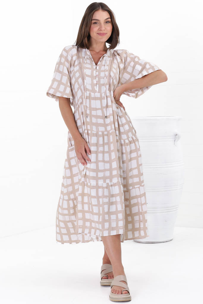 Kamali Midi Dress - Batwing Sleeve Smock Dress with Lace Detailing in Beth Print Beige