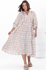 Kamali Midi Dress - Batwing Sleeve Smock Dress with Lace Detailing in Beth Print Beige