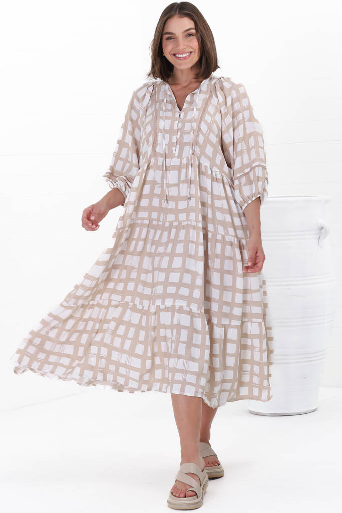 Kamali Midi Dress - Batwing Sleeve Smock Dress with Lace Detailing in Beth Print Beige