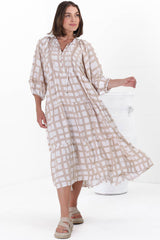 Kamali Midi Dress - Batwing Sleeve Smock Dress with Lace Detailing in Beth Print Beige