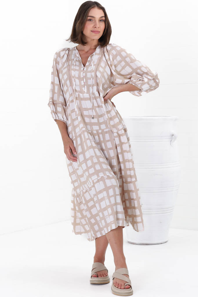 Kamali Midi Dress - Batwing Sleeve Smock Dress with Lace Detailing in Beth Print Beige