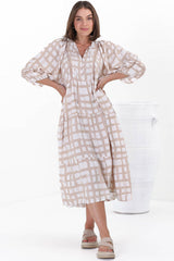 Kamali Midi Dress - Batwing Sleeve Smock Dress with Lace Detailing in Beth Print Beige