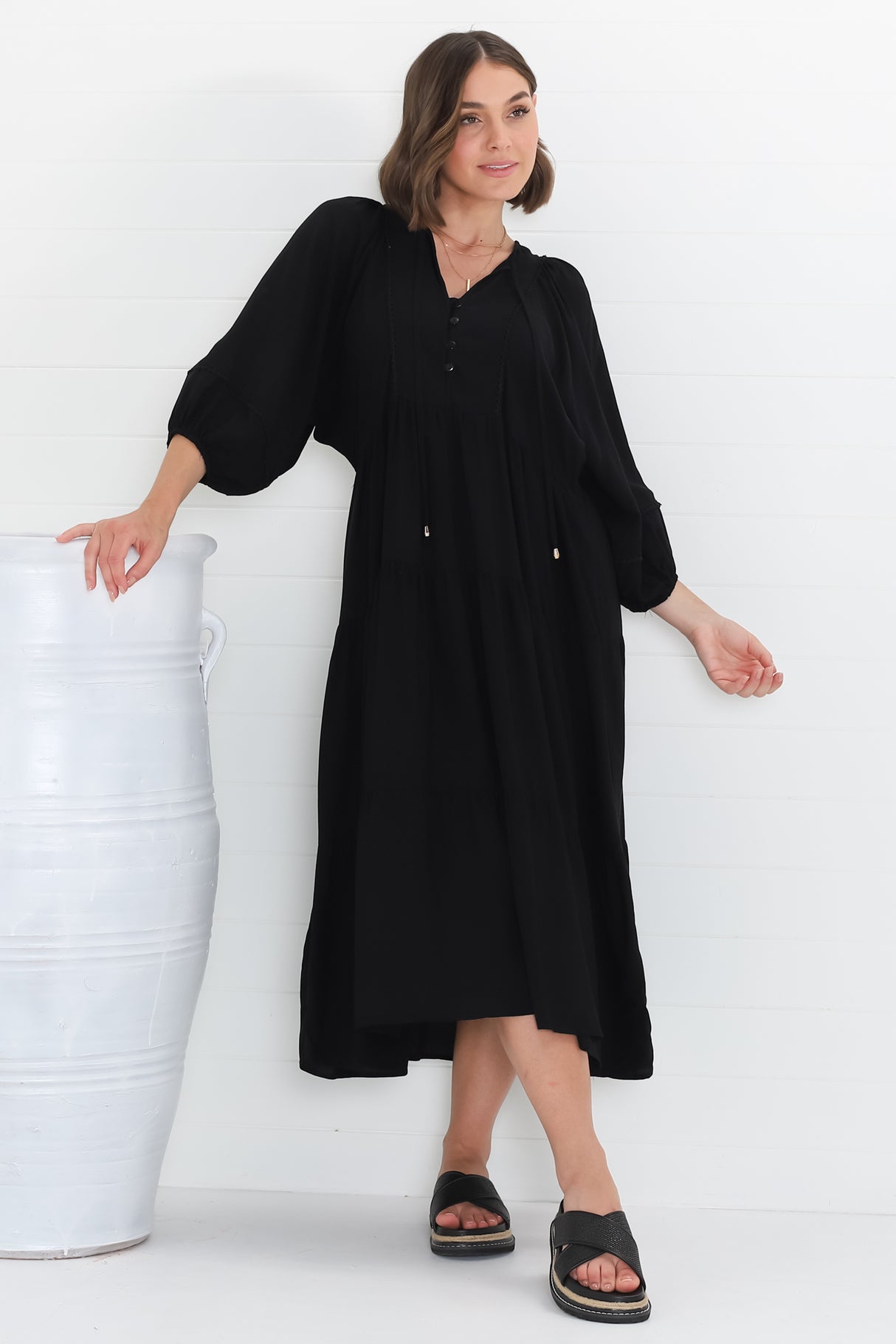 Kamali Midi Dress - Batwing Sleeve Smock Dress with Lace Detailing in Black