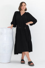 Kamali Midi Dress - Batwing Sleeve Smock Dress with Lace Detailing in Black