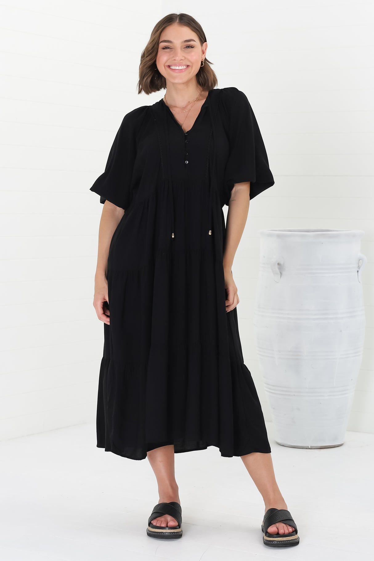 Kamali Midi Dress - Batwing Sleeve Smock Dress with Lace Detailing in Black