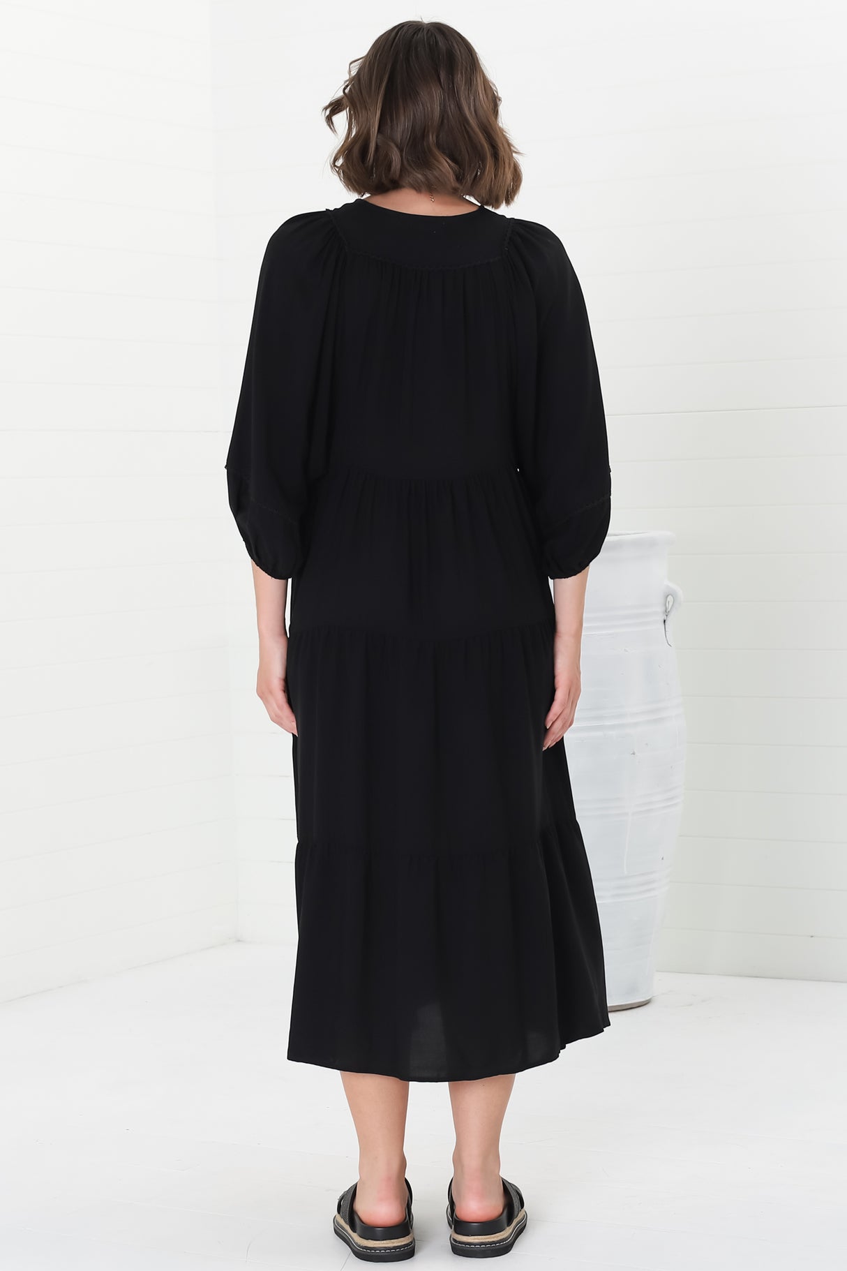 Kamali Midi Dress - Batwing Sleeve Smock Dress with Lace Detailing in Black