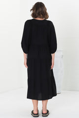 Kamali Midi Dress - Batwing Sleeve Smock Dress with Lace Detailing in Black