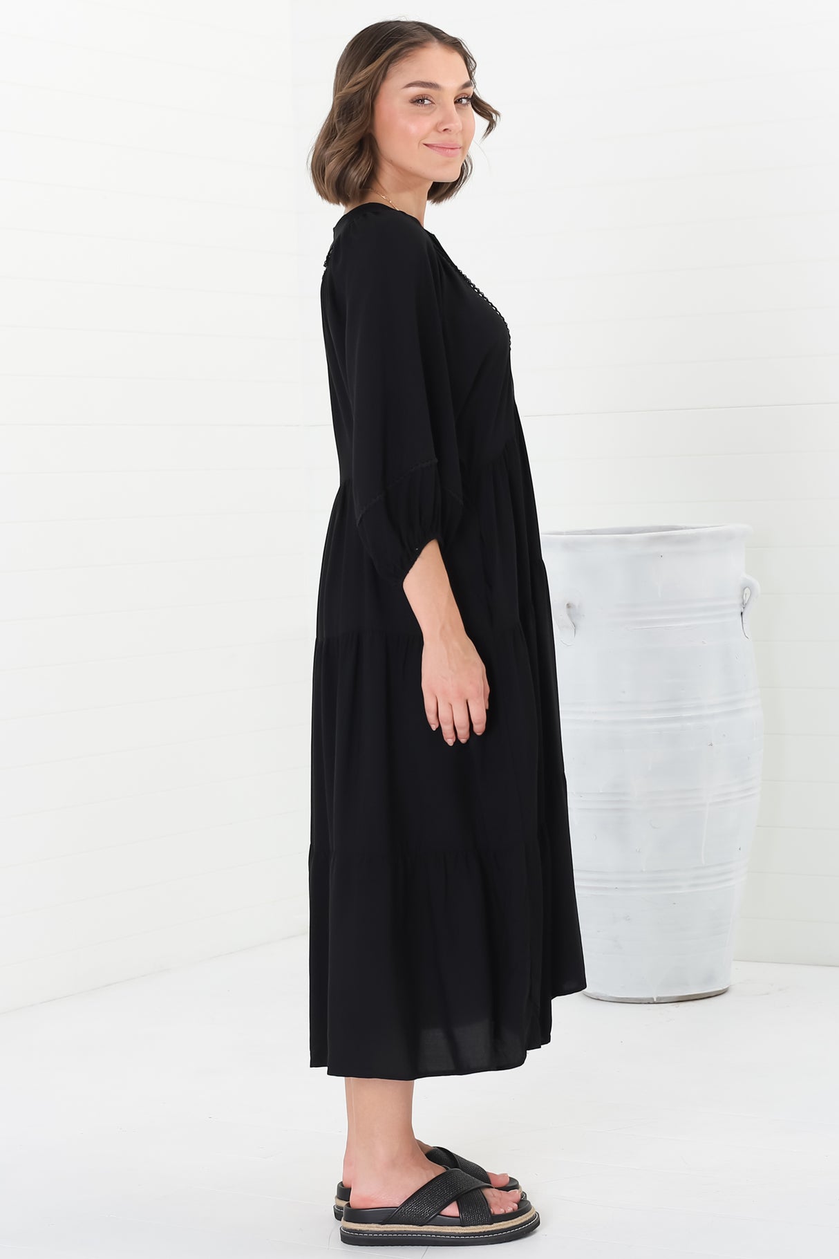 Kamali Midi Dress - Batwing Sleeve Smock Dress with Lace Detailing in Black