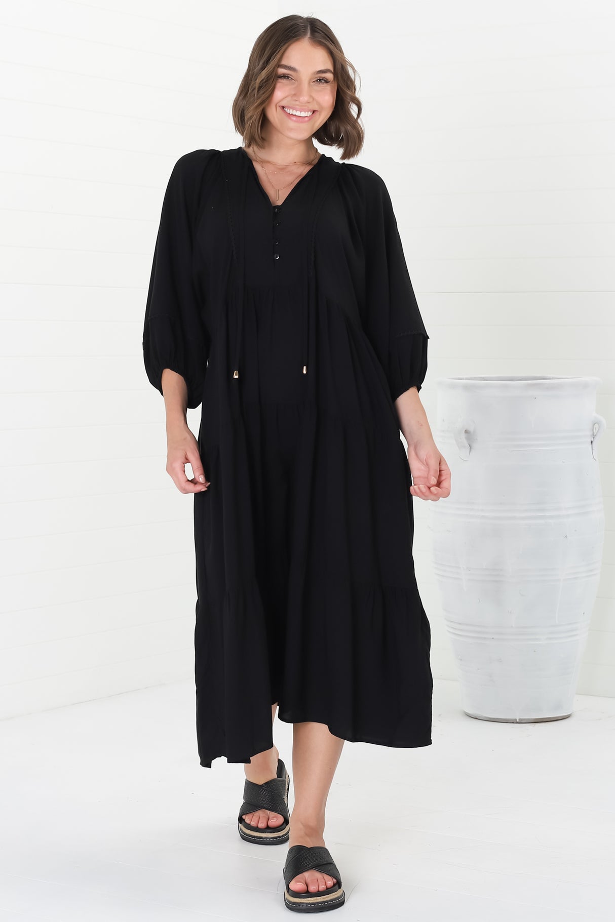 Kamali Midi Dress - Batwing Sleeve Smock Dress with Lace Detailing in Black