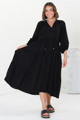 Kamali Midi Dress - Batwing Sleeve Smock Dress with Lace Detailing in Black