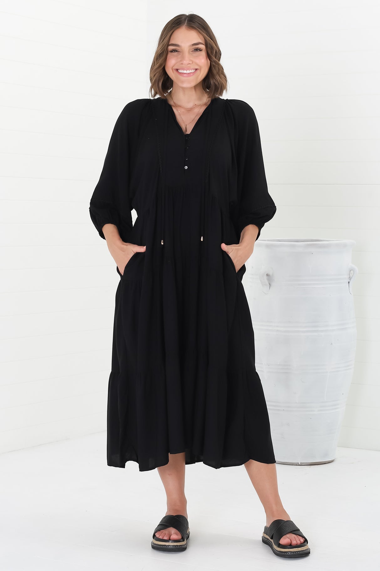 Kamali Midi Dress - Batwing Sleeve Smock Dress with Lace Detailing in Black