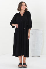 Kamali Midi Dress - Batwing Sleeve Smock Dress with Lace Detailing in Black