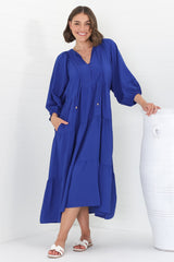 Kamali Midi Dress - Batwing Sleeve Smock Dress with Lace Detailing in Blue