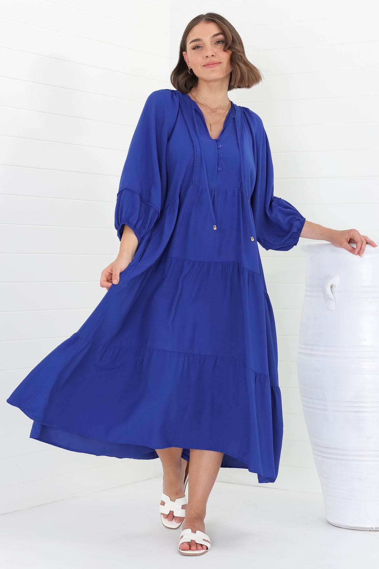 Kamali Midi Dress - Batwing Sleeve Smock Dress with Lace Detailing in Blue