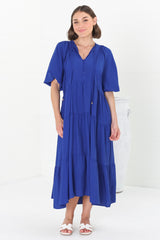 Kamali Midi Dress - Batwing Sleeve Smock Dress with Lace Detailing in Blue