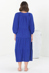 Kamali Midi Dress - Batwing Sleeve Smock Dress with Lace Detailing in Blue