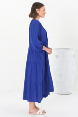 Kamali Midi Dress - Batwing Sleeve Smock Dress with Lace Detailing in Blue