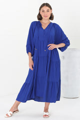 Kamali Midi Dress - Batwing Sleeve Smock Dress with Lace Detailing in Blue