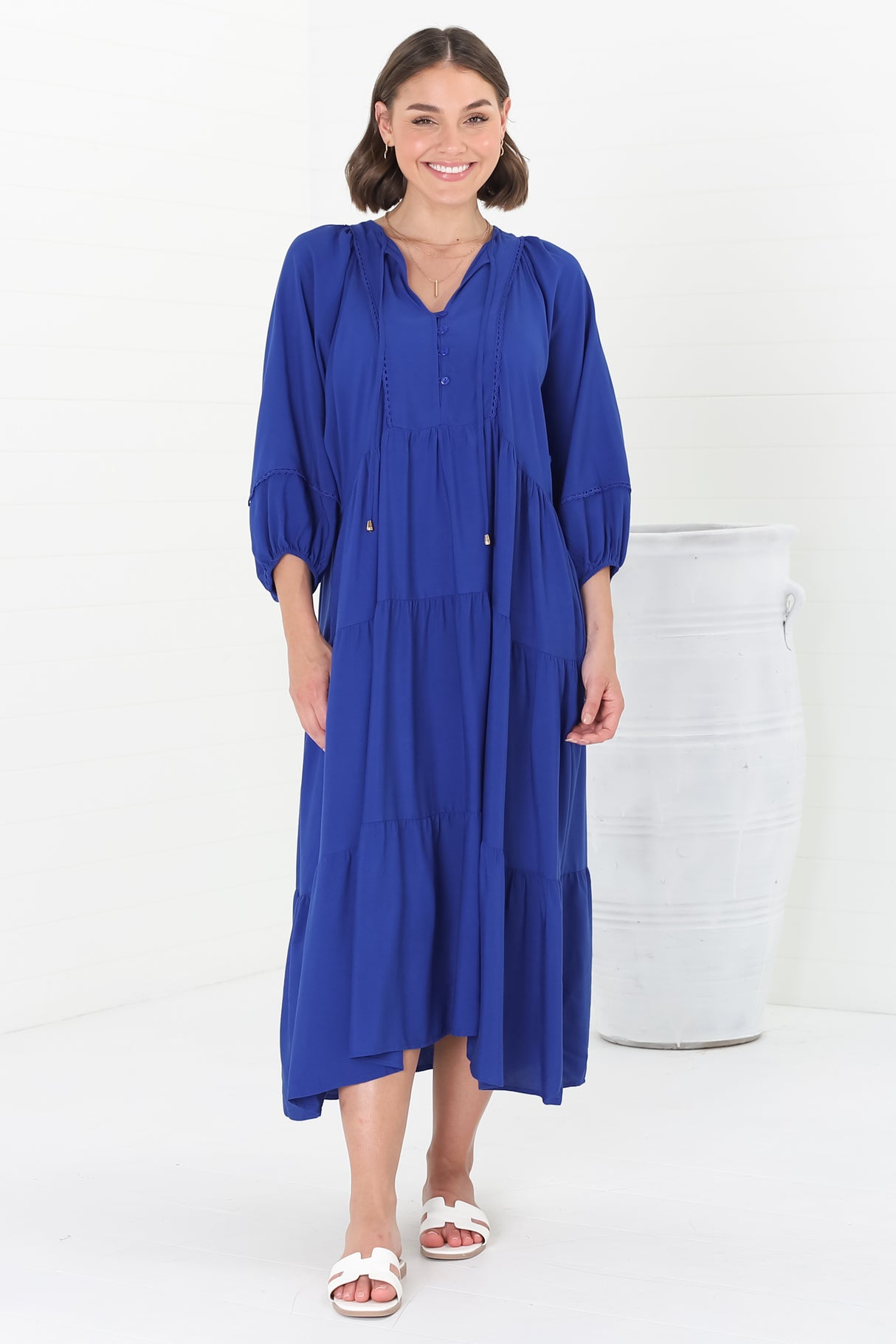 Kamali Midi Dress - Batwing Sleeve Smock Dress with Lace Detailing in Blue