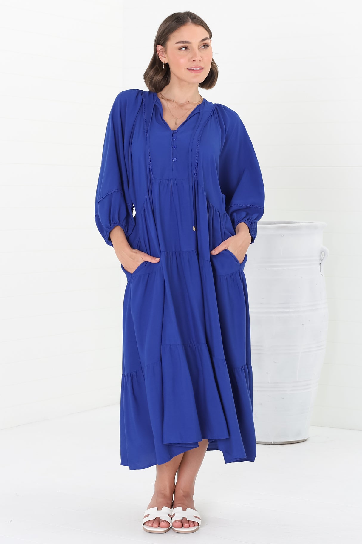 Kamali Midi Dress - Batwing Sleeve Smock Dress with Lace Detailing in Blue