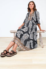 Kamali Midi Dress - Batwing Sleeve Smock Dress with Lace Detailing in Divani Print Black