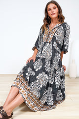 Kamali Midi Dress - Batwing Sleeve Smock Dress with Lace Detailing in Divani Print Black